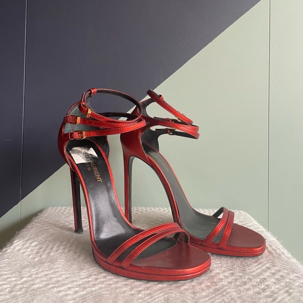 Saint Laurent / YSL Strappy Heeled Sandals, Metallic Rouge Orient, Size 37